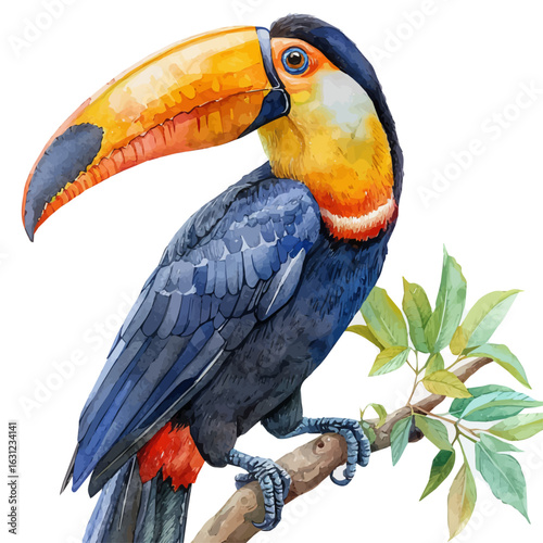 Toucan, watercolor illustration vector, isolated on a white background.