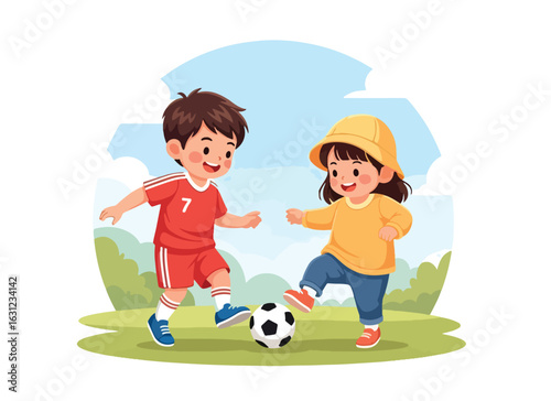Adobe Illustrator artwork vector illustration of two child playing soccer on a grassy field, highlighting outdoor activity, family bonding, and healthy lifestyle in flat cartoon style