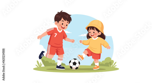 Adobe Illustrator artwork vector illustration of two child playing soccer on a grassy field, highlighting outdoor activity, family bonding, and healthy lifestyle in flat cartoon style