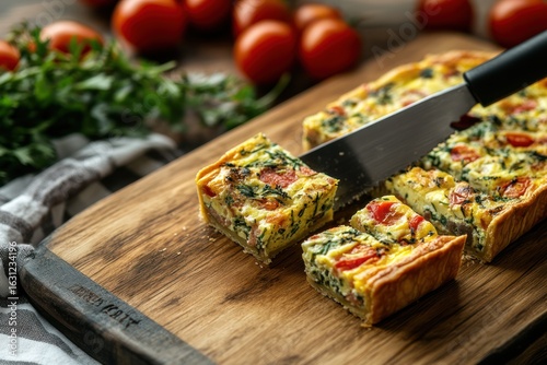 A savory quiche, sliced on a wooden board