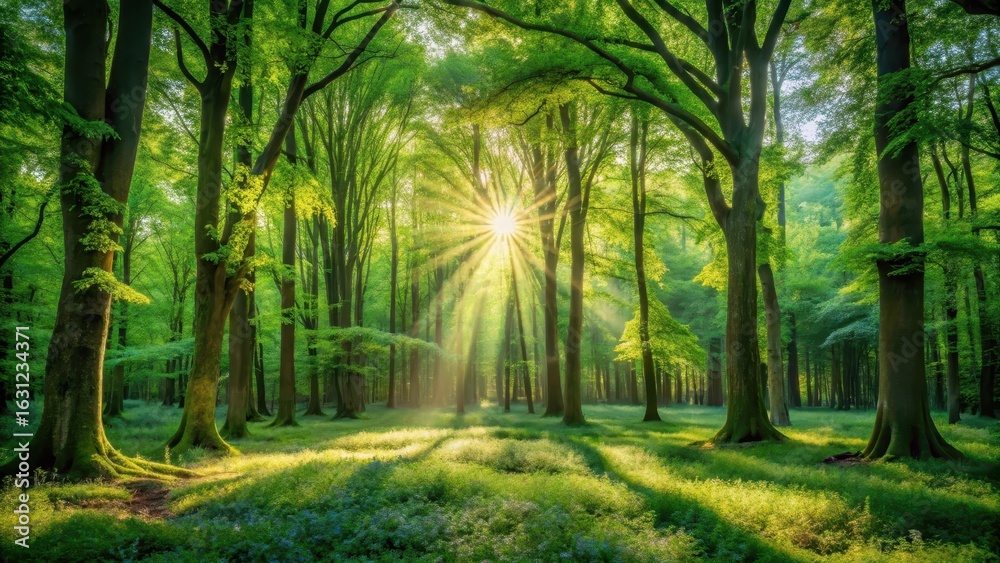 Obraz premium Sunlit Forest Canopy A Serene Springtime Scene of Lush Green Trees and Sunlight Beams Piercing Through the Leaves onto a Wildflower Meadow