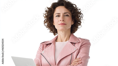Confident woman in a pink jacket, arms crossed, holding a laptop, serious expression