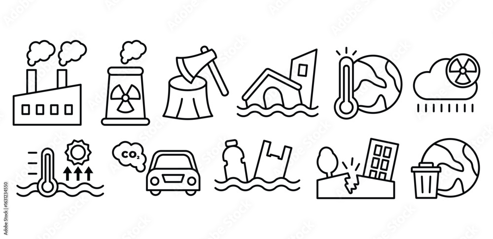 Naklejka premium Global Warming Line Icon A Collection of Environmental, Pollution, Factory, Flooding, Climate, Ecology, Symbol Vector Design Icons Illustration Collections Sets