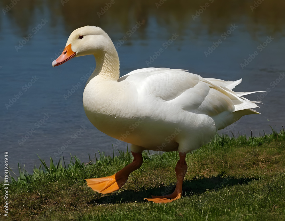 Fototapeta premium Running a white duck animal, a goose bird.