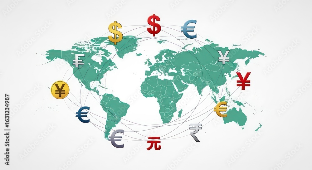 Naklejka premium Global Financial Network: Major World Currencies Orbiting a Teal Earth Map