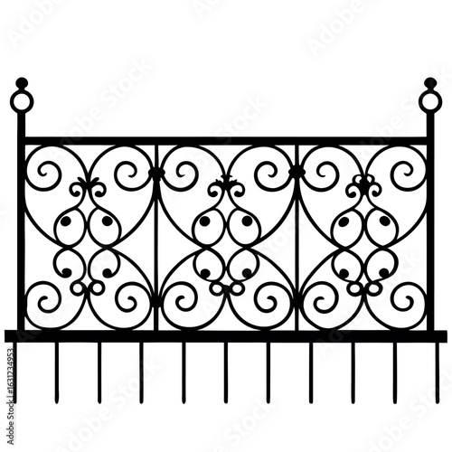 silhouette of ornate wrought iron balcony railing with floral scrolwork, clean backdrop, sharp detail