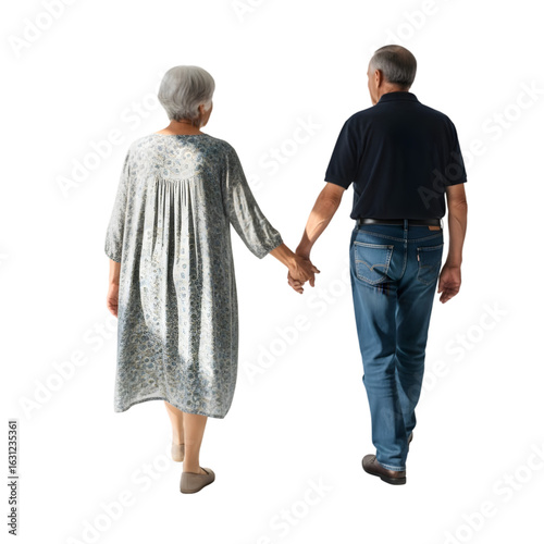 Loving elderly couple walking hand-in-hand, celebrating lifelong companionship and enduring love together.