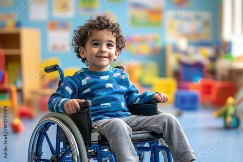 Inclusivity image of a young disabled child in a wheelchair with special needs, playing and learning at a rehabilitation daycare for handicapped children. The scene showcases diversity, Generative AI
