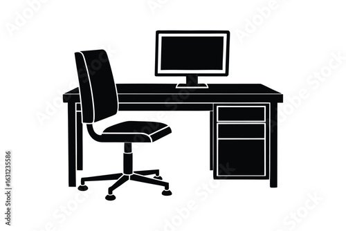Silhouette design illustration of a side view of an office desk with swivel chair and desktop computer.eps