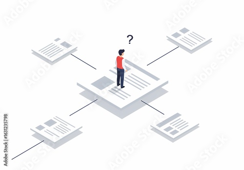 An indecisive person stands on a document platform, surrounded by multiple options with a question mark above. Flat isometric illustration symbolizing blog planning confusion.