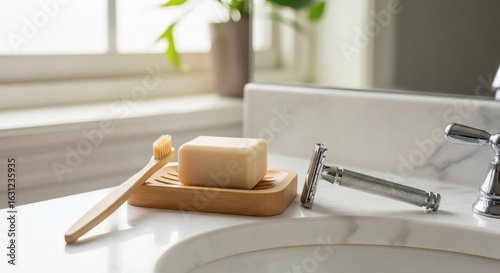 Close-up of bathroom counter with grooming tools, soap, and a toothbrush.