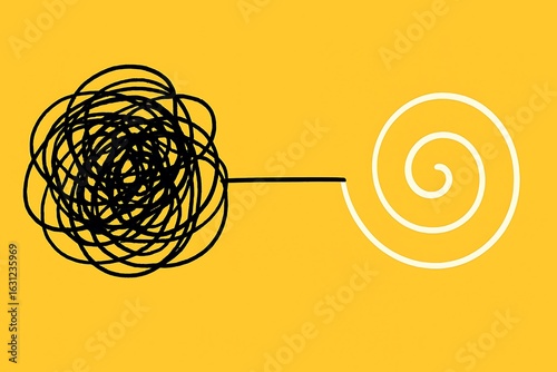 Visual metaphor representing problem-solving, moving from chaos to clarity on a yellow background.