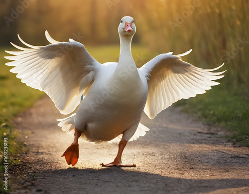 Running a white duck animal, a goose bird.