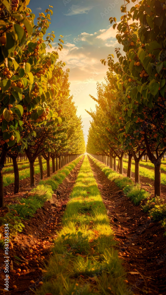 Naklejka premium Tranquil Orchard Vista at Dawn with Symmetrical Rows of Trees