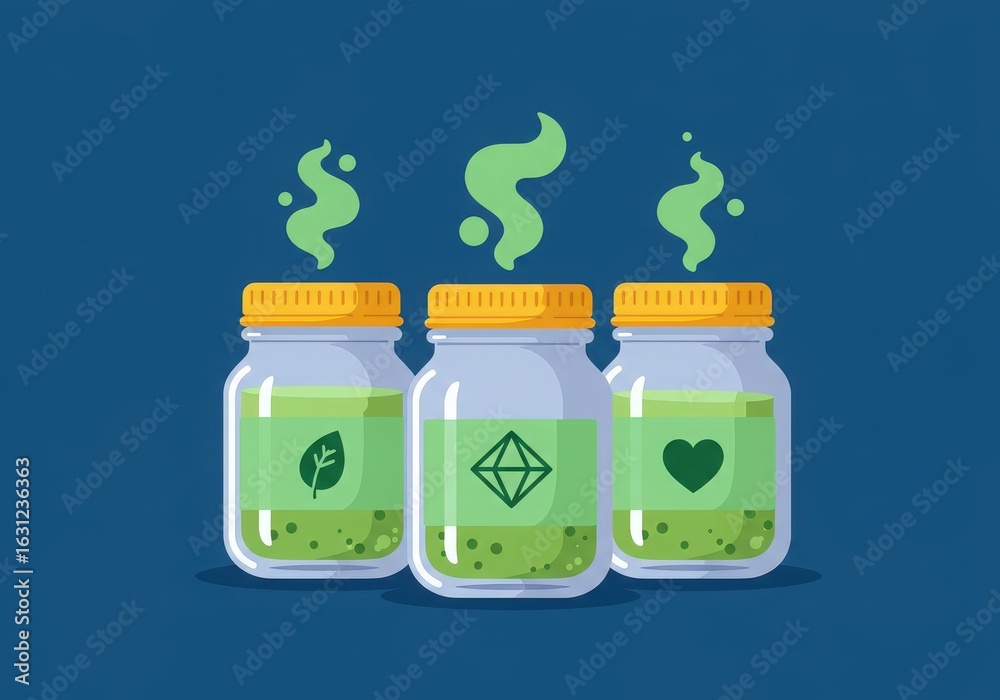 Obraz premium Three glass jars with green liquid and symbols for health and danger