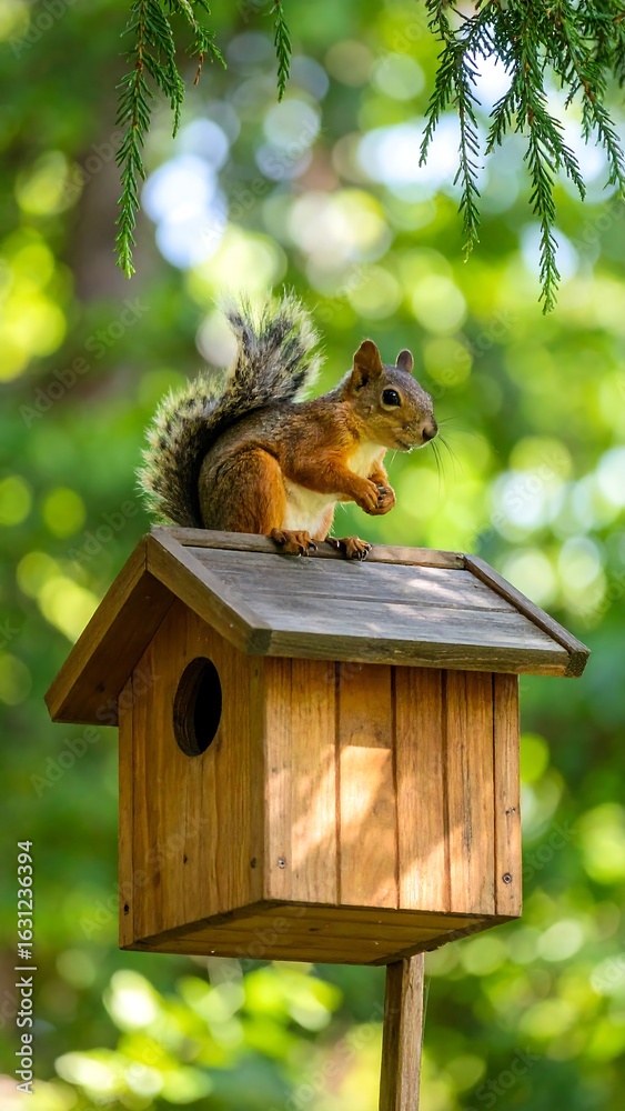 Naklejka premium A fluffy-tailed squirrel perches atop a small wooden birdhouse in a sun-dappled forest
