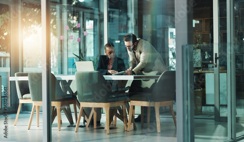 Training, business people and team with tablet in office for idea, help or financial feedback. Cooperation, investment banker or tech for planning, coaching or account review in boardroom meeting