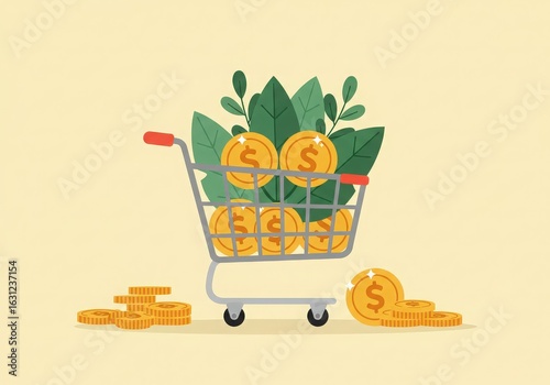 Shopping cart filled with gold coins and green leaves representing financial growth