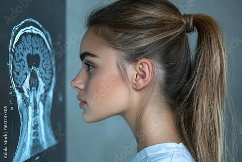 Side profile of a female medical neurologist examining AI-generated x-rays and hospital scans. The integration of AI in healthcare is showcased, with a focus on neurological, Generative AI