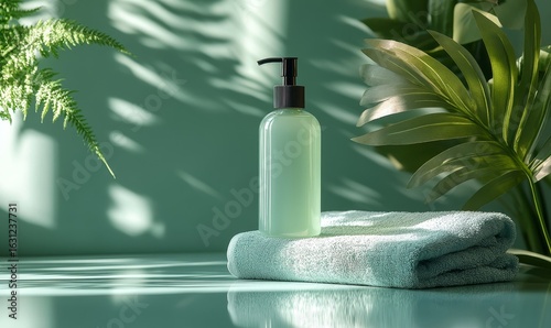 Photo of a liquid soap bottle and towels in a clean, minimalist setting, ideal for product advertisements in the health and beauty sector, Generative AI