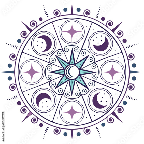 Celestial mandala with moon phases and stars in a decorative circular astrological wheel.