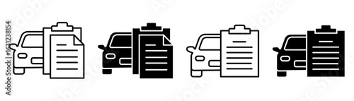 Car document checkmark icon set vector. Vehicle Check mark icons. Checklist, tick, survey, insurance, agreement, calculate, approved, gear, hand, shield, schedule, pencil, checkbox, magnifying glass.
