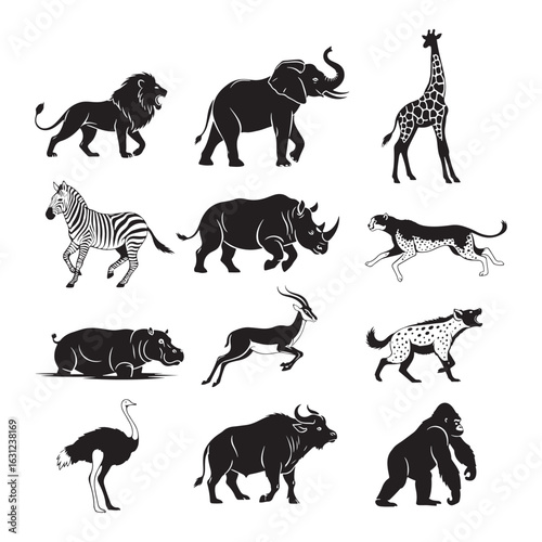 African Safari Animals Silhouette Collection on White Background lion elephant