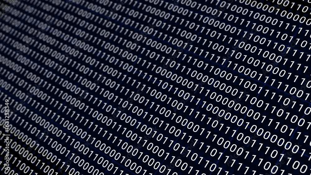Dark Blue digital stream with glowing binary code and numeric data