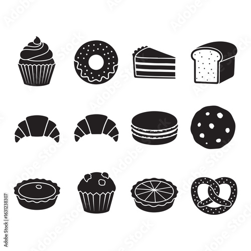 Bakery and Pastry Icons Silhouette Collection on White Background cupcake donut