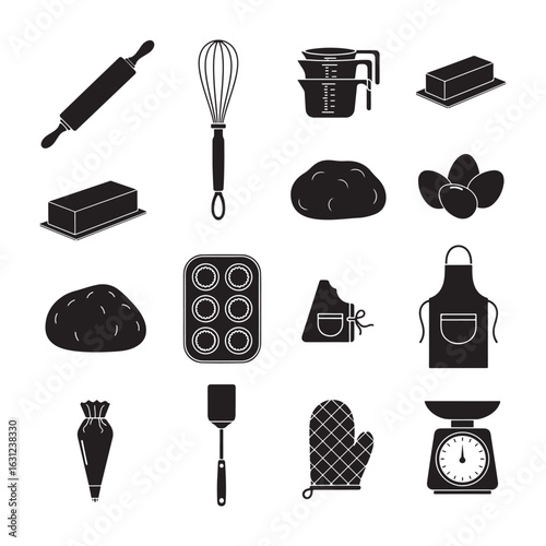 Baking Utensils and Ingredients Silhouette Icons on White Background rolling pin whisk