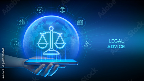 Legal advice via a smartphone app. Online lawyer advice business concept. Attorney at law. Internet law as digital online legal services. Earth planet globe. Smartphone in hand. Vector illustration.