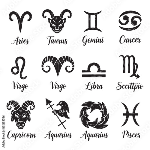 Black Silhouette Zodiac Signs With Hand Drawn Style And Names horoscope astrology