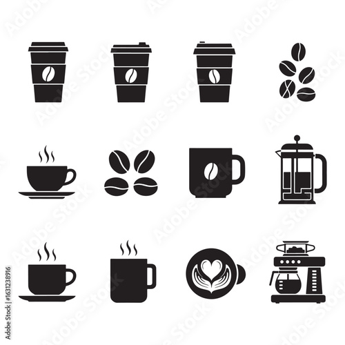 Collection of black coffee icons including cups beans french press and coffee maker