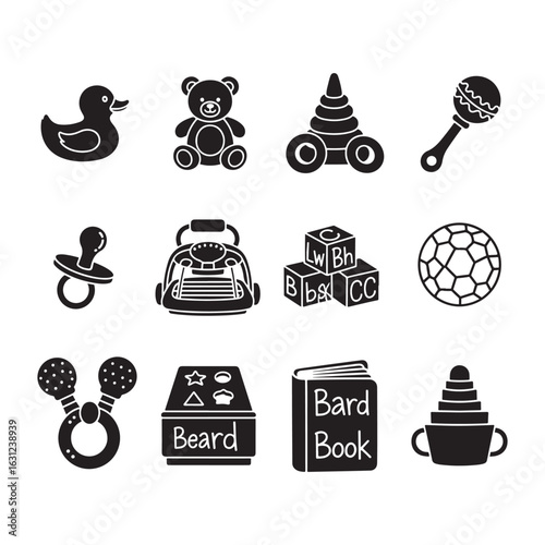 Collection of black and white baby toy icons on a white background duck rubber duck