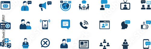 A collection of vector glyph icons representing business communication, social media, and technology concepts.