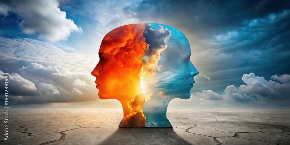 custom made wallpaper toronto digitalDual Mind A fiery sunset and a serene sky mirrored in a single head, standing on cracked earth, representing internal conflict and contrasting emotions.