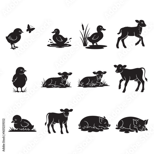 Farm animal and chick silhouettes on white background chicken duckling