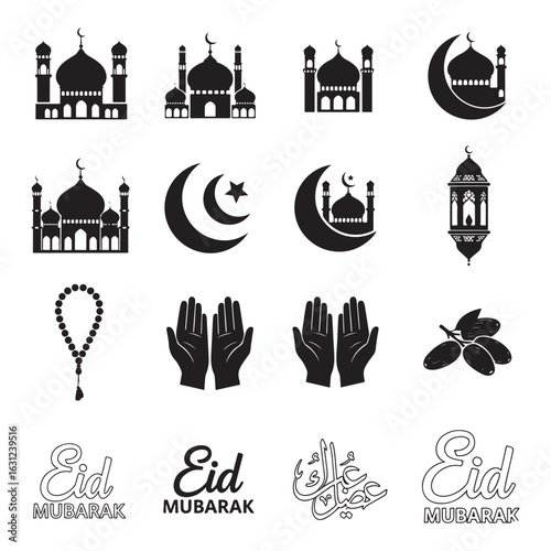 Islamic symbols and Eid Mubarak greetings including mosques crescent moon prayer beads and hands