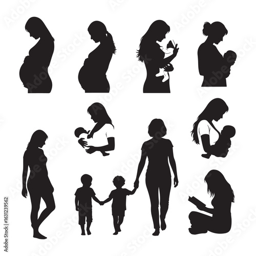 Motherhood and Family Silhouettes on White Background baby child
