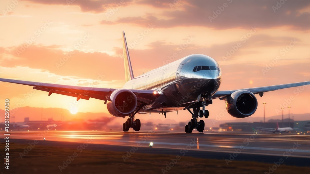 Obraz premium Airplane landing at sunset