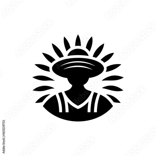 A person wearing a wide-brimmed hat with sun rays emanating from behind them depicted in a stylized black and white silhouette