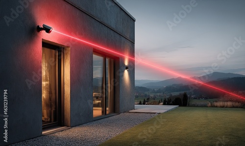 Security system protects modern home at dusk.  Red laser beam extends