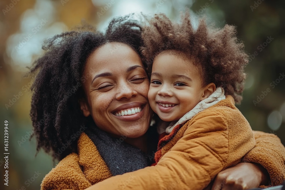 Obraz premium Cheerful disabled child with special needs sitting in a wheelchair, smiling and bonding with her mother outdoors. The image promotes inclusion, diversity, and the joy of family time, Generative AI