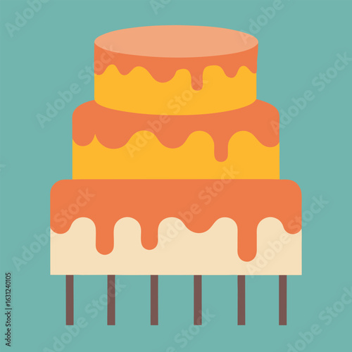 Three tiered cake with yellow and orange icing on a teal background