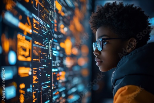 Inclusive education concept, featuring a Black school pupil learning IT and digital coding online, with a focus on cybersecurity, artificial intelligence, and ethical hacking, Generative AI