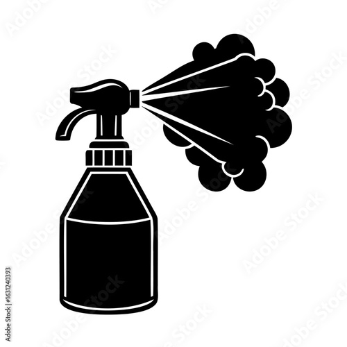 Aerosol spray bottle emitting a cloud of fine mist and particles