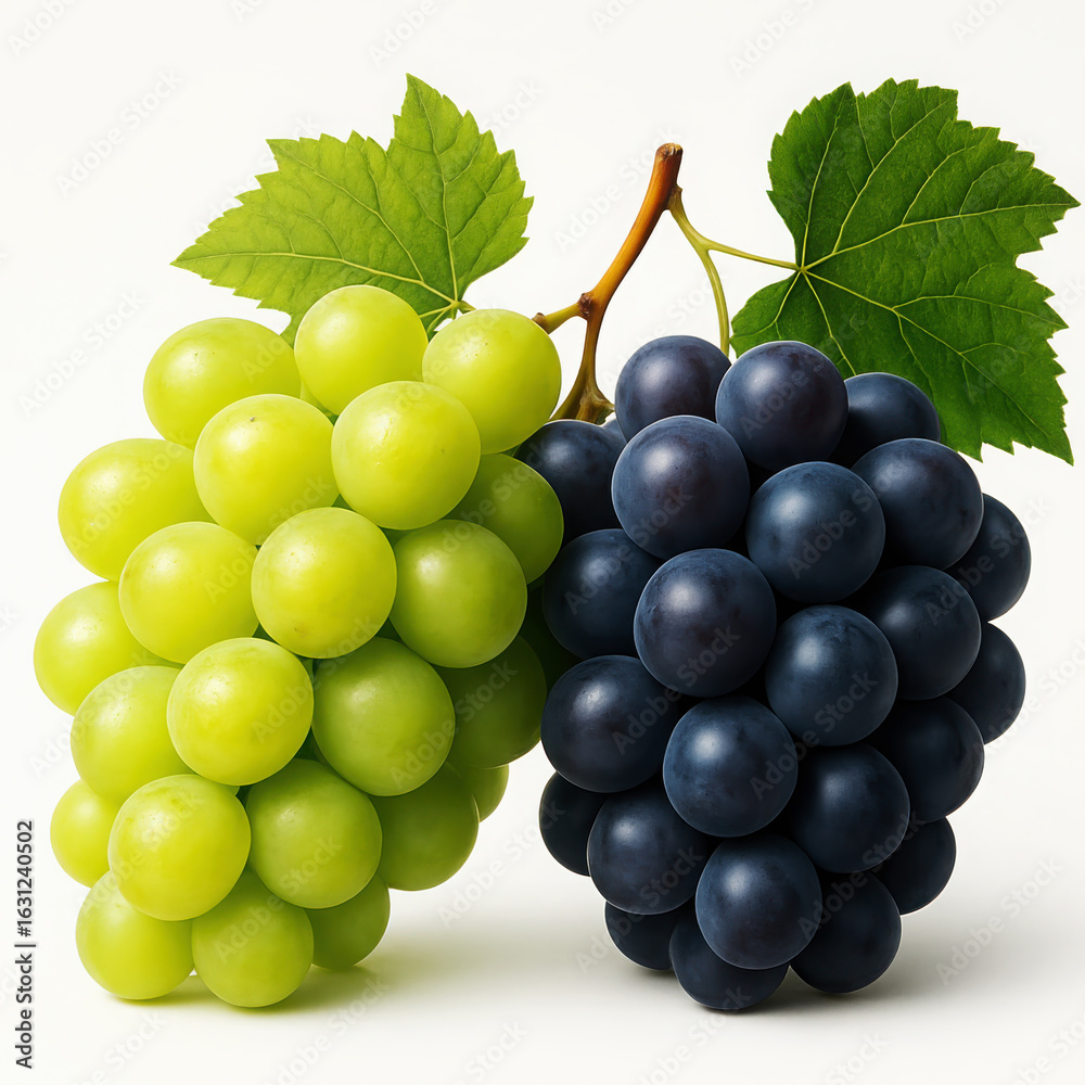 Fototapeta premium Green and purple grapes with leaves green grapes fruit