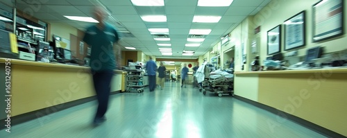 Blurry motion in the emergency room (ER) of a hospital, symbolizing the fast-paced, high-pressure environment of healthcare during critical situations, Generative AI