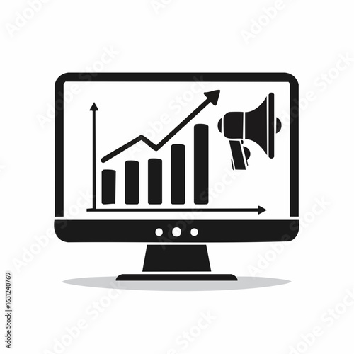 Conceptual icon of digital marketing success, with a growth chart and a megaphone on a computer monitor.