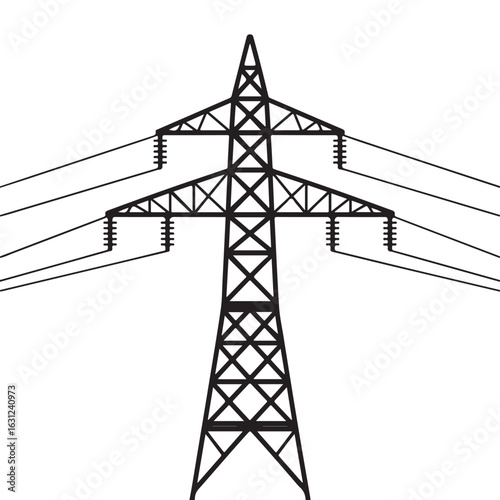 A simple black and white line art illustration of an electrical transmission tower or power pylon with high voltage lines.